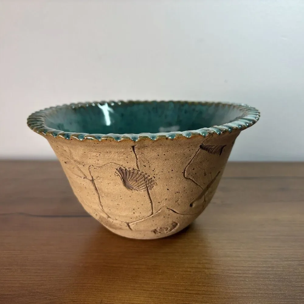 Handmade Artisan Hand Stamped Pottery Nautical Coastal Sea Creature Bowl Teal